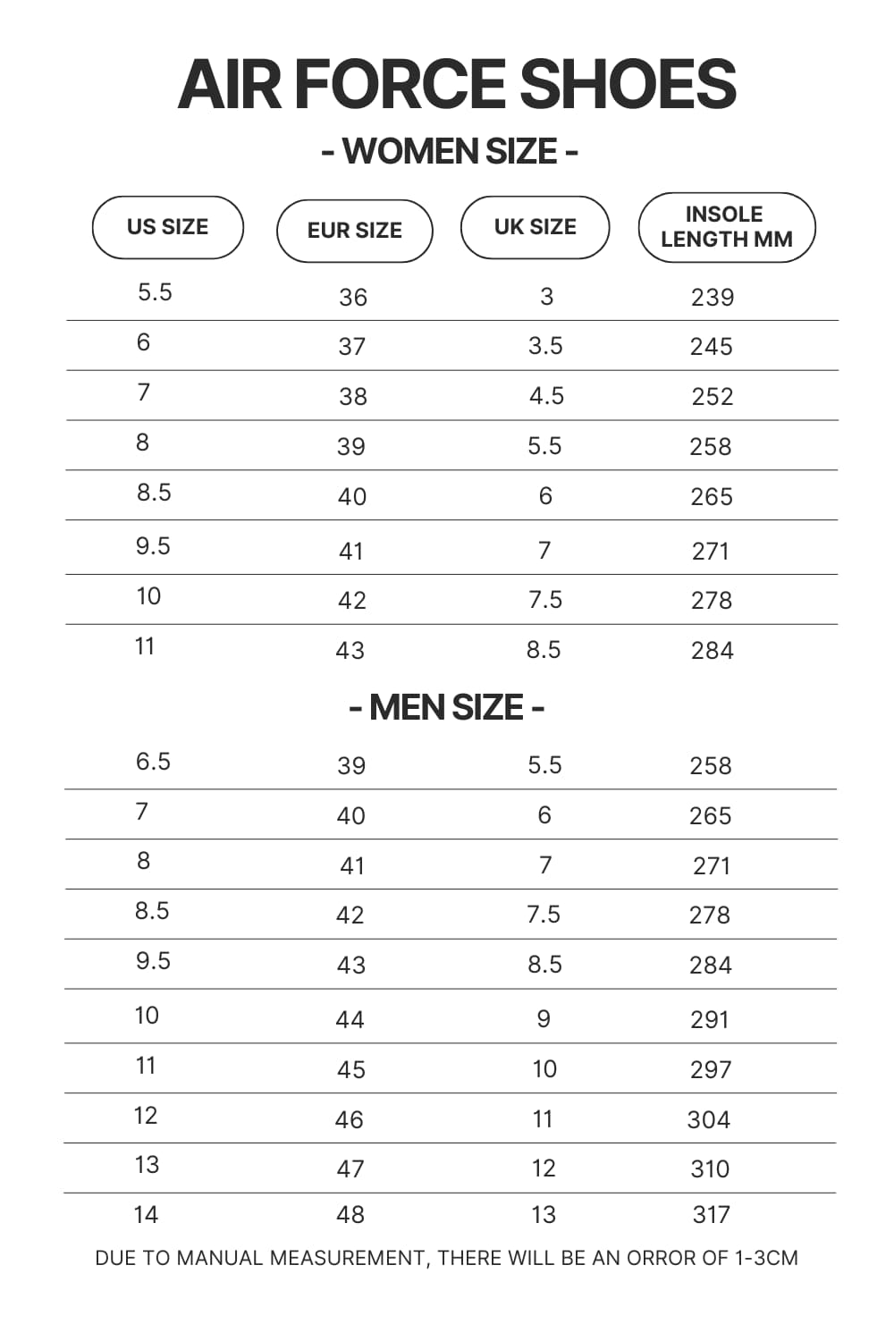 Air Force Shoes Size Chart - Naruto Gifts Store